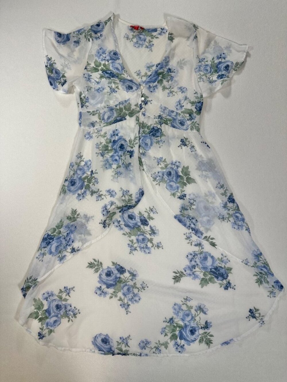 Guess Sheer Empire Waist Duster Blue and White Floral Small